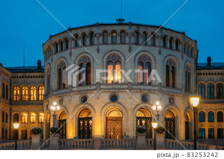 Oslo, Norway. Night View Of Storting Building. Parliament Of Norway Building 83253242