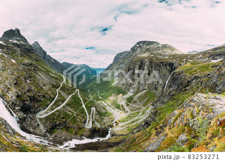 Trollstigen, Andalsnes, Norway. Serpentine Mountain Road Trollstigen. Famous Norwegian Landmark And Popular Destination. Norwegian County Road 63 In Summer Day 83253271