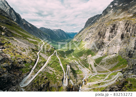 Trollstigen, Andalsnes, Norway. Serpentine Mountain Road Trollstigen. Famous Norwegian Landmark And Popular Destination. Norwegian County Road 63 In Summer Day 83253272