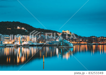 Oslo, Norway. Scenic Night Evening View Of Illuminated Residential Area District Downtown Sorenga Oslo, Norway. Scenic Night Evening View Of Illuminated Residential Area District Downtown Sorenga 83253349