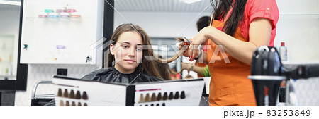 Young woman sitting in hairdressing chair and holding in her hands catalog with palette of colors for hair dyeing Young woman sitting in hairdressing chair and holding in her hands catalog with palette of colors for hair dyeing 83253849