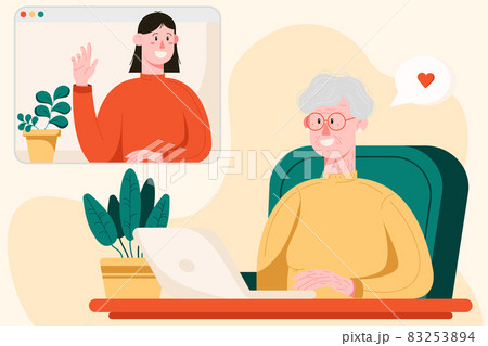 Happy grandma with laptop talking with her daughter thru the video chat, female characters in a flat style, video chat concept. Vector illustration Happy grandma with laptop talking with her daughter thru the video chat, female characters in a flat style, video chat concept. Vector illustration 83253894