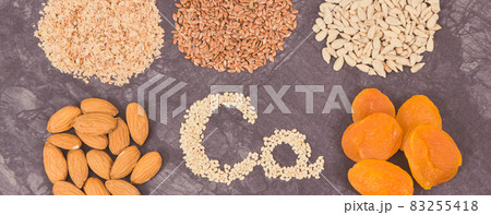 Nutritious eating containing calcium. Healthy nutrition as source vitamins, minerals and fiber 83255418