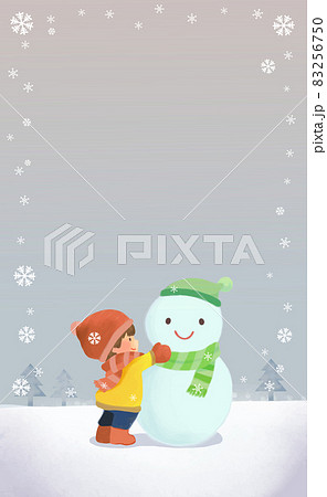 雪だるまを作る男の子と雪景色のフレーム 雪だるまを作る男の子と雪景色のフレーム 83256750