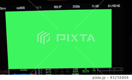Video recording screen. Professional camera viewfinder frame on monitor screen. Screen showing status of red green blue color graph FPS and ISO number and setting data for videographer. film industry. 83256806