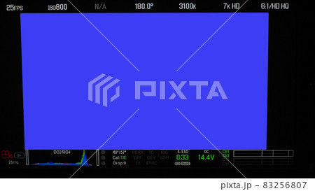 Video recording screen. Professional camera viewfinder frame on monitor screen. Screen showing status of red green blue color graph FPS and ISO number and setting data for videographer. film industry. 83256807