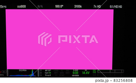 Video recording screen. Professional camera viewfinder frame on monitor screen. Screen showing status of red green blue color graph FPS and ISO number and setting data for videographer. film industry. 83256808