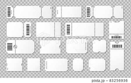 Empty ticket template. Concert movie theater and boarding blank white tickets, lottery coupons with ruffle edges. Vector coupon - stock vector. 83256936