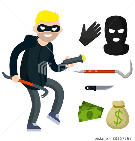 Thief with knife. Robber in black cloth. Set of tools for crime. 83257265