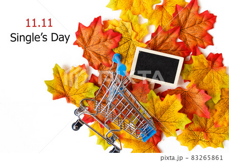 Single's day sale concept of China, 11.11. The shopping cart on maple leaf and text 11.11 single's day sale with copy space. Single's day sale concept of China, 11.11. The shopping cart on maple leaf and text 11.11 single's day sale with copy space. 83265861