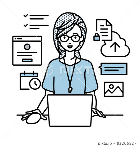 デスクで座ってpcでプロジェクトやタスクの管理の仕事をしている教師の女性のイラスト素材