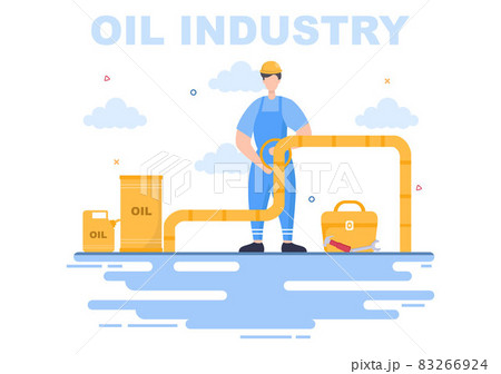 Oil Gas Industry Vector Illustration. Crude Extraction, Refinery Plant, Drilling, Gas Station, Tank use Pipe and Delivery of Fuel by Truck Transportation 83266924