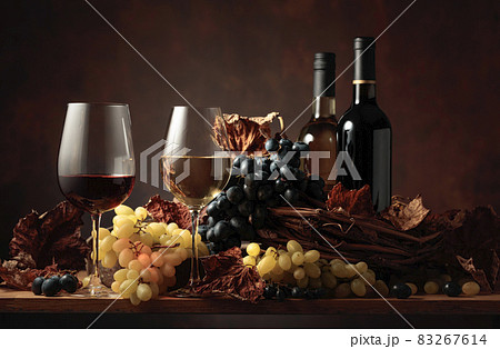 White and red wine with bunches of grapes. White and red wine with bunches of grapes. 83267614