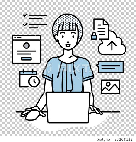 デスクで座ってPCでプロジェクトやタスクの管理の仕事をしているオフィスカジュアルの女性 83268112