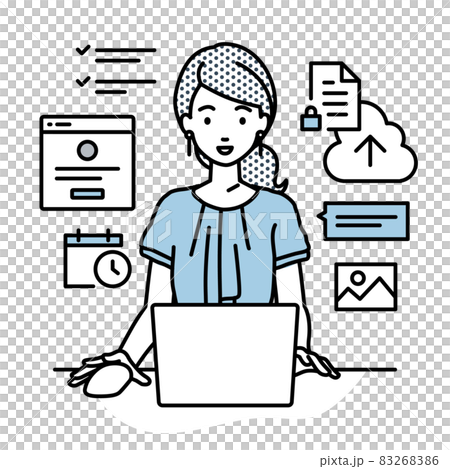 デスクで座ってPCでプロジェクトやタスクの管理の仕事をしているオフィスカジュアルの女性 83268386