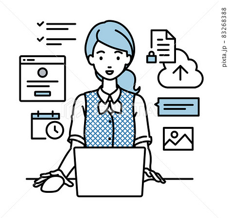 デスクで座ってPCでプロジェクトやタスクの管理の仕事をしている事務員制服の女性 83268388