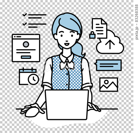 デスクで座ってPCでプロジェクトやタスクの管理の仕事をしている事務員制服の女性 83268388