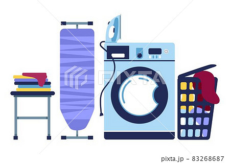 Laundry room. Washing in the washing machine. Ironing of linen. Vector illustration. Laundry room. Washing in the washing machine. Ironing of linen. Vector illustration. 83268687