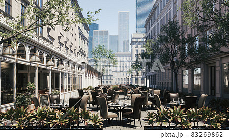 Empty city restaurant. Modern street cafe. A street cafe in the center of the metropolis. 3d illustration Empty city restaurant. Modern street cafe. A street cafe in the center of the metropolis. 3d illustration 83269862