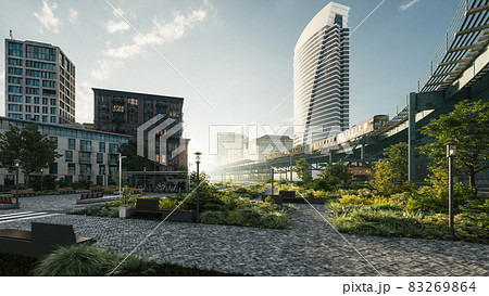 Early morning in the city. The city is waking up. No people at the morning on the city. 3d illustration 83269864