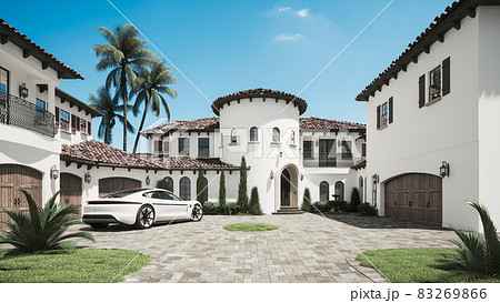 Luxury villa with a car. Expensive car in the courtyard. Sports car on the luxury house. 3d illustration Luxury villa with a car. Expensive car in the courtyard. Sports car on the luxury house. 3d illustration 83269866
