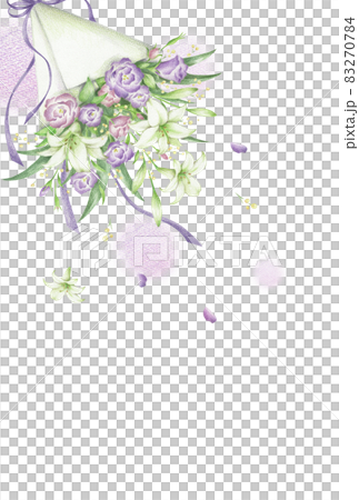 Bouquet of lily and purple eustoma Postcard template Vertical hand-painted colored pencil drawing 83270784
