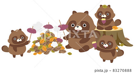 イラスト素材：焼き芋をしている狸の家族 83270888