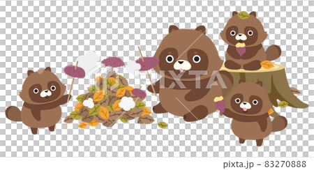 Illustration material: A raccoon family roasting sweet potatoes 83270888