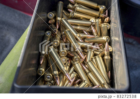 223 ammo copper bullets inside a rectangular black container 223 ammo copper bullets inside a rectangular black container 83272538