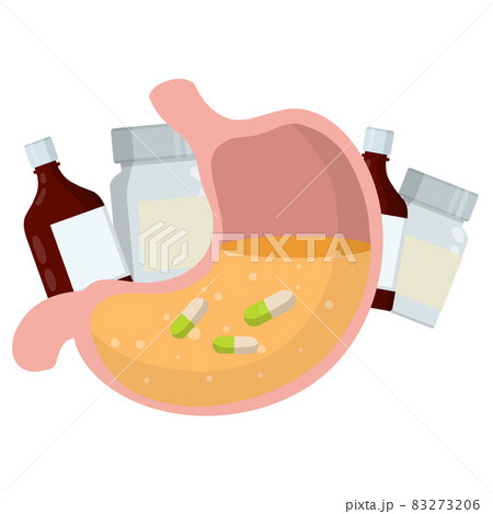 Stomach and pill. Dissolving drug. Disease of human internal organ. Cartoon flat illustration. Taking medicine. Medical care. Pain in belly. Capsule and digestion. Oral preparation application 83273206