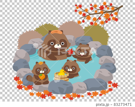 Illustration material: Illustration of a raccoon family in a hot spring (autumn) 83273471