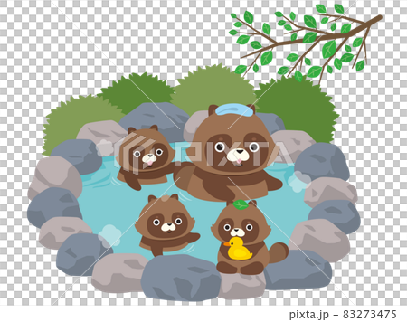 Illustration material: Illustration of a raccoon family in a hot spring (summer) 83273475