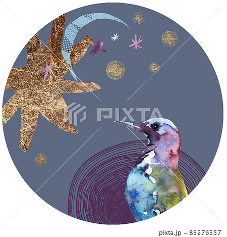 Round art composition with watercolor bird and golden elements 83276357