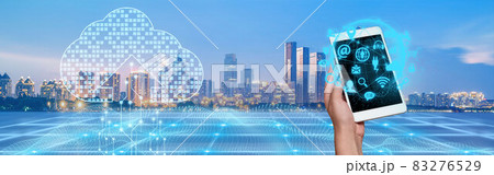 Buildings Behind Picture Of Hand Holding Cellular Phone Showing Futuristic Technology. Construction Backside Palm Using Digital Telephone Presenting Modern Automation 83276529
