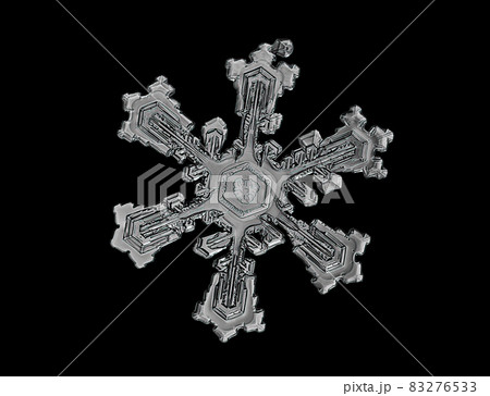White snowflake isolated on black background. Illustration based on macro photo of real snow crystal: elegant star plate with short, broad arms, glossy relief surface and complex inner details. 83276533