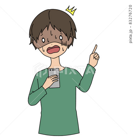 指差し案内をしている驚き青ざめているスマホを持っている男性のイラスト素材 2767