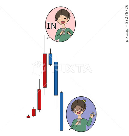 投資で高騰した時にINして暴落して慌てる高値つかみをした男性のイメージイラスト素材 83276726