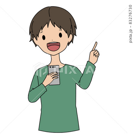 指差し案内をしている笑顔のスマホを持っている男性 83276730
