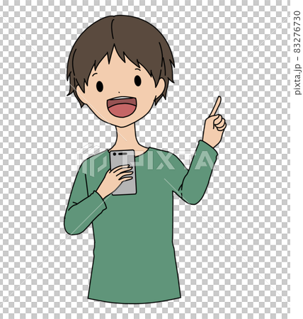 指差し案内をしている笑顔のスマホを持っている男性 83276730