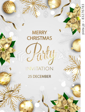 Merry Christmas Party invitation. Happy New Year card Decoration. Winter background. Seasonal holidays. 83276783