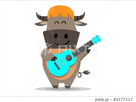 happy male smiling buffalo rocker playing blue acoustic guitar, isolated on white. vector illustration happy male smiling buffalo rocker playing blue acoustic guitar, isolated on white. vector illustration 83277317