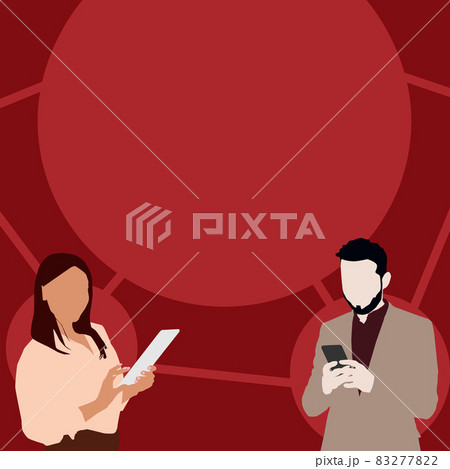 Illustration Of Partners Busy Using Smartphones Searching For New Wonderful Ideas. Couple Actively Working On Digital Telephone Drawing Finding Old Amazing Plans. 83277822