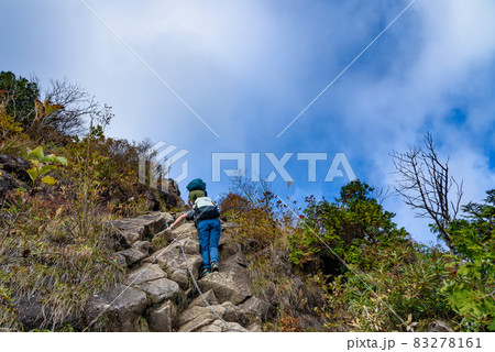 谷川岳西黒尾根の鎖場を登る登山者 83278161