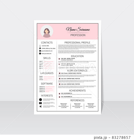 Resume template for women. Modern CV layout with infographic. Minimalistic professional curriculum vitae design. Employment vector illustration. Resume template for women. Modern CV layout with infographic. Minimalistic professional curriculum vitae design. Employment vector illustration. 83278657