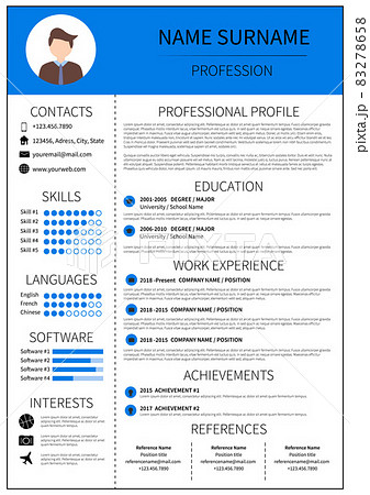 Resume template for man. Modern CV layout with infographic. Minimalist curriculum vitae design. Employment vector illustration. Resume template for man. Modern CV layout with infographic. Minimalist curriculum vitae design. Employment vector illustration. 83278658
