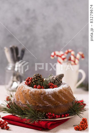front view christmas cake with pine cones red berries. High quality and resolution beautiful photo concept 83279674