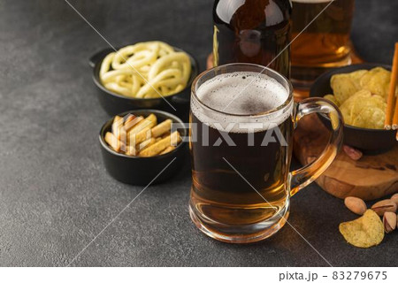 high angle beer mug snacks. High quality and resolution beautiful photo concept 83279675