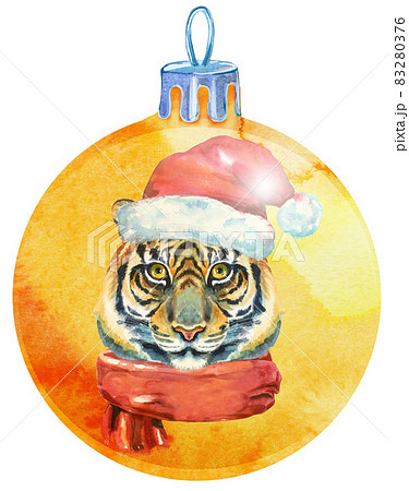 Watercolor yellow Christmas ball with tiger isolated on a white background. 83280376