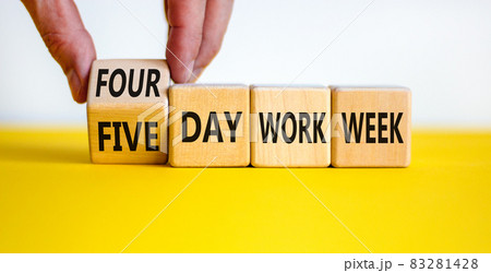 4 or 5 day work week symbol. Businessman turns the cube, changes words 'five day work week' to 'four day work week'. Beautiful white background. Copy space. Business and 4 or 5 day work week concept. 83281428