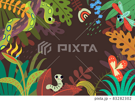 Jungle Tropical Background with plays For Text. Illustration of a jungle landscape background, with ornaments made with leaves and flowers of tropical plants and trees 83282302